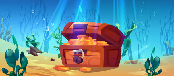 istock Wooden treasure chest lies on seabed. 2030658284