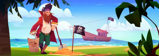 Vector illustration of Pirate standing on beach with treasure map