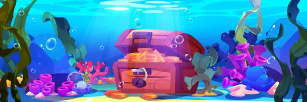 Vector illustration of Old treasure chest with money on sea bottom