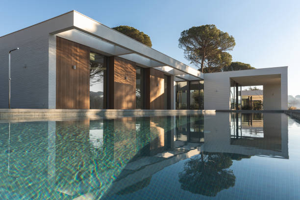 moderna casa bianca e in legno con piscina e pini all'esterno - swimming pool luxury mansion holiday villa foto e immagini stock