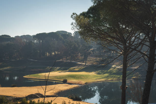 blick auf einen golfplatz aus der ferne in der trockenzeit - golf golf club luxury golf course stock-fotos und bilder