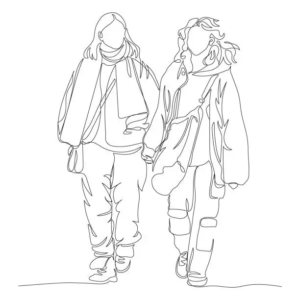 Vector illustration of 2 young women walking and talking. Wear warm free size clothes. Continuous line drawing. Hand drawn black and white vector illustration in line art style.