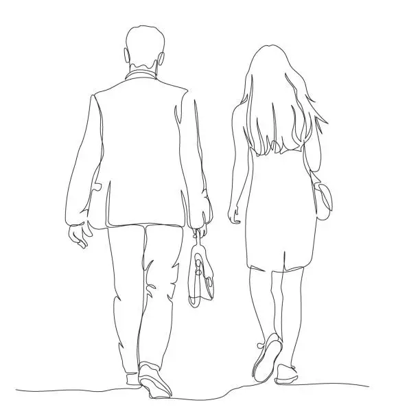 Vector illustration of Couple walking away. Man wear suit and holding briefcase. Rear view. Continuous line drawing. Hand drawn black and white vector illustration in line art style.