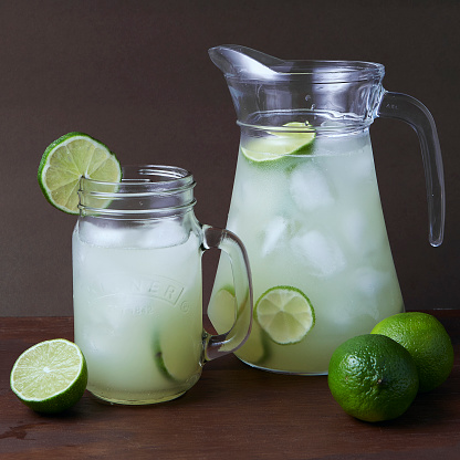 A pitcher and glass of lemonade