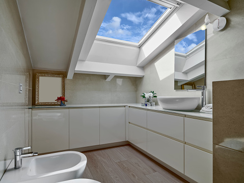 Interior view of a modern bathroom in the attic room, illuminated by a skylight, adding a touch of natural light and openness to the space
