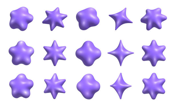 3D purple stars set. Realistic 3d purple stars set from different angles.