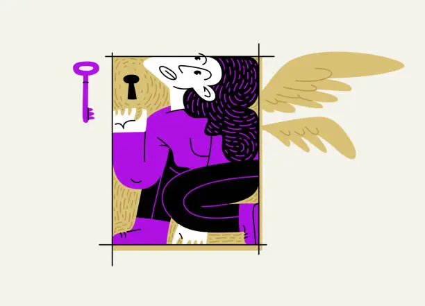 Vector illustration of Woman is locked in a rectangular frame, social and cultural restrictions concept, vector illustration of a girl in uncomfortable pose is locked in her mind barriers with imaginary wings.