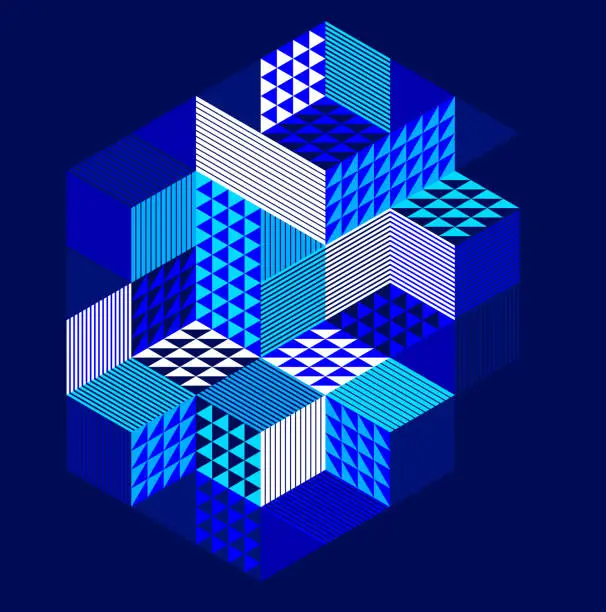 Vector illustration of Dark blue vector abstract geometric background with cubes and different rhythmic shapes, isometric 3D abstraction art displaying city buildings forms look like, op art.
