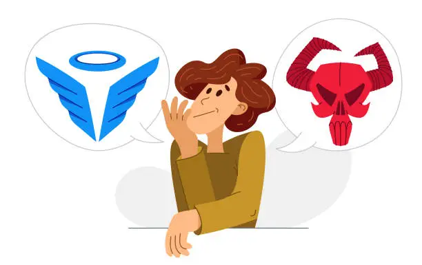 Vector illustration of Young man is choosing between good and evil thoughts, vector illustration of a person in doubt because of different emotions and thinking, angel and devil, love and hate.