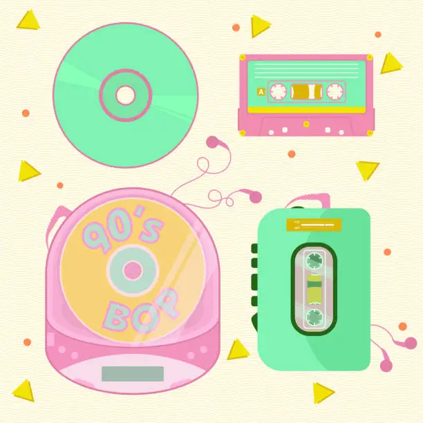 Vector illustration of 1990s Portable Music Technology