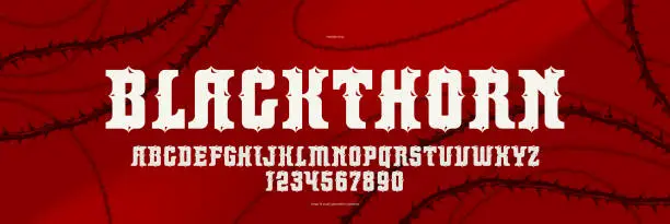 Vector illustration of Thorn horror gothic rock display font for emblems and logos, dangerous blackthorn typeface for headlines and titles, bold serif typography alphabet letters with prickles.
