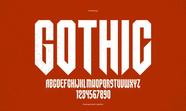 Vector illustration of Sharp and bold tall gothic font for logo creation of for headlines, edgy geometric modern vector condensed typeface, heavy metal and hard rock style alphabet with numbers.