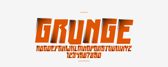 Halftone dotted futuristic cyberpunk font for logos and posters, vector brutal industrial typeface alphabet letters and numbers, urban technic future typography, italic version.