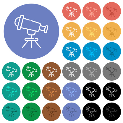 Telescope outline multi colored flat icons on round backgrounds. Included white, light and dark icon variations for hover and active status effects, and bonus shades.