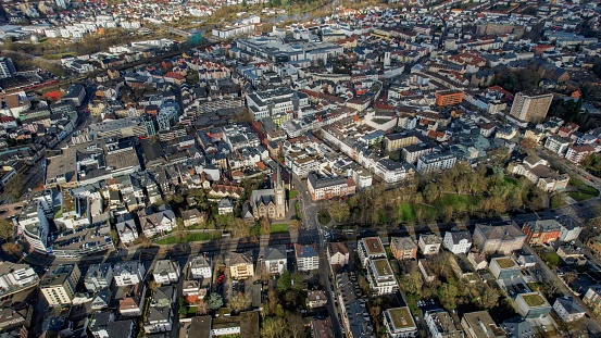 Aerial view around the city Giessen in Germany on sunny afternoon in winter