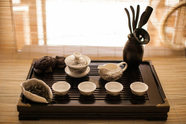 A wooden tray showcasing a tea set, perfect for serving tea and snacks. This elegant display adds a touch of warmth and charm to any kitchen or dining room