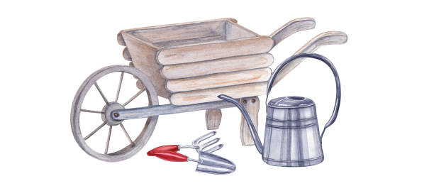 istock Watercolor garden tools. Watering can, wheelbarrow, hand trowel, fork for flowering and gardening. Spring works in garden. Watercolor illustration isolated on white. Design of books, magazines 2030829244