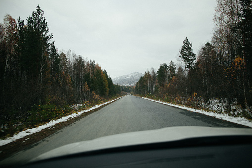 A motor vehicle is traveling on an asphalt road surface covered in snow, surrounded by trees in a natural landscape under a snowy sky