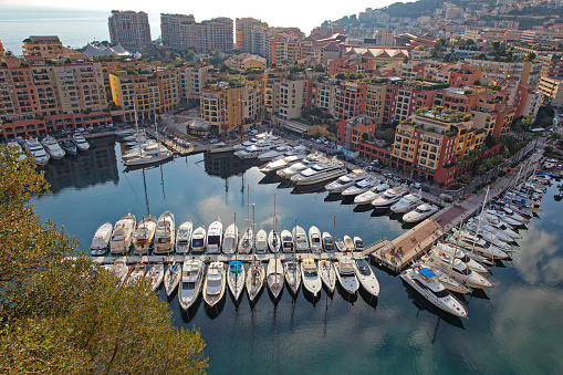 Fontvielle, Monaco - January 18, 2012: Aerial View of Moored Boats and Yachts at Fontvieille Port Harbour Mediterranean Sea.