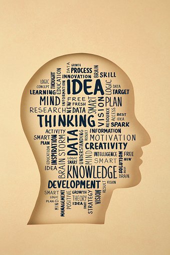 Human head in paper cut style and Idea concept word cloud