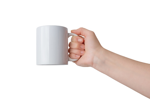 Hand holding a clean white mug isolated. For Print-on-Demand design promotion. Perfect for showcasing custom designs and personalized creations