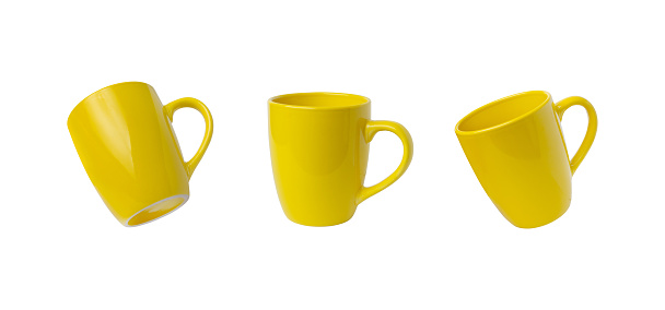 Yellow mug in three isolated positions. Versatile image ideal for Print-on-Demand design promotion. Perfect for marketing and advertising
