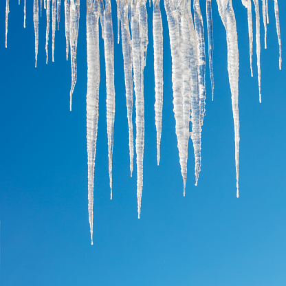 Close-up of shiny icicles on a blue sky background. Space for copy.