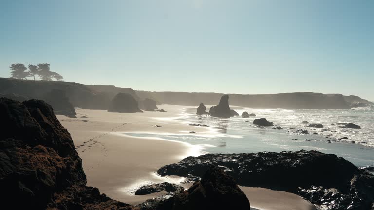 The rock formations and cliffs on a sandy beach at sunset in Fort Bragg, California, USA