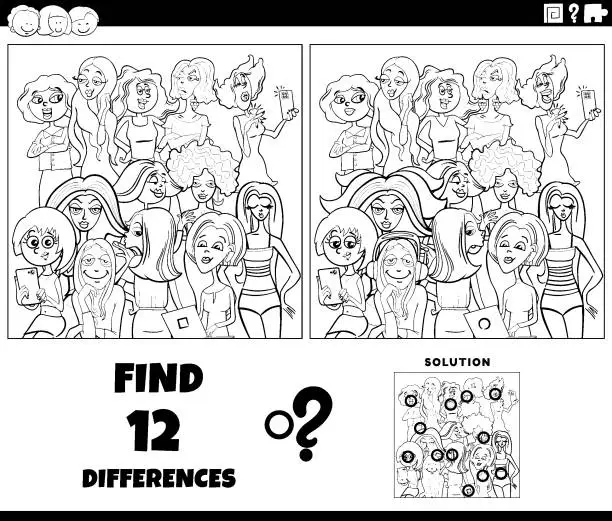 Vector illustration of differences activity with cartoon women group coloring page