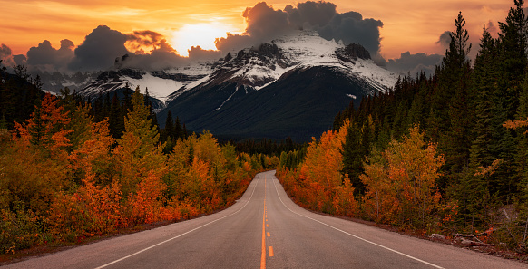 Scenic Road in Canadian Rocky Mountain Landscape. Icefields Pkwy, Banff, Alberta, Canada.