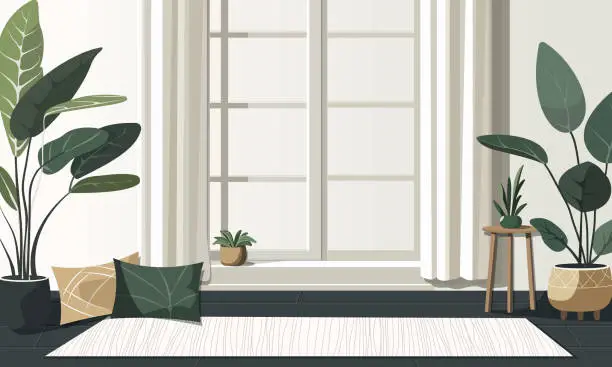 Vector illustration of A green room vector illustration in flat style of a living room for yoga and meditation, with plants, windows, and a blanket.