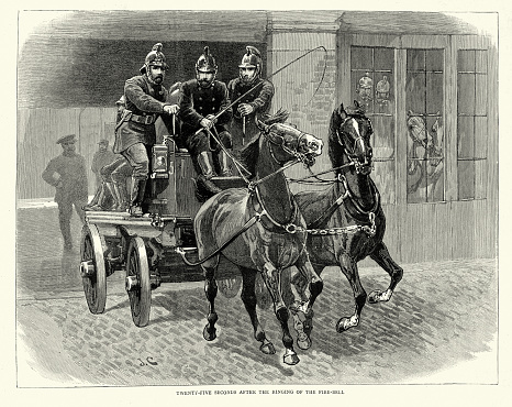 Vintage illustration, Firemen on a horsedrawn fire engine, London, Metropolitan Fire Brigade, Victorian 1880s 19th Century