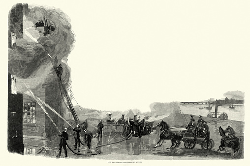 Vintage illustration, Putting out fire, Burning building, Land and floating steam fire engines at work, London Metropolitan Fire Brigade, Victorian 1880s 19th Century