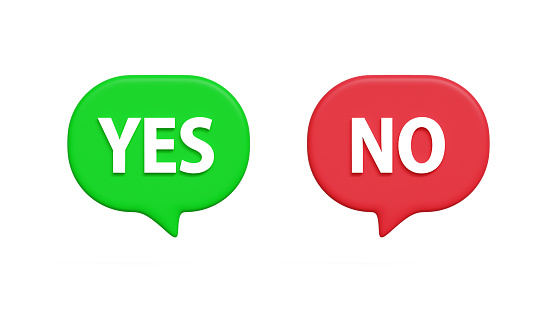 3D choice icons of Yes and No. Choice hesitate, dispute, opposition, choice, dilemma, opponent view accept and decline concept. Yes and No icons in a speech bubble. 3d illustration