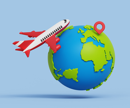 Travel destination icon. Travelling around the world. Summer vacation, trip in various country, travel pin location on a global map. 3D globe with destination pin and aeroplane. 3d illustration