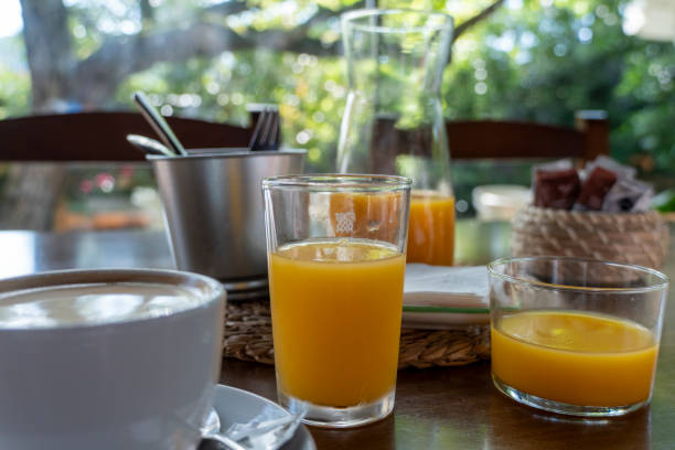 istock Breakfast table in garden with orange juice 2030927005