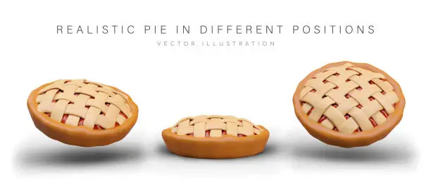 Vector illustration of Realistic pie in different positions. Tasty round pie with fruit filling