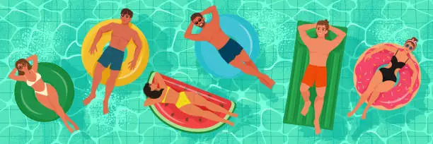 Vector illustration of People floating on inflatable rings in a swimming pool. Top view. Vector illustration in flat style