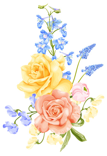 Spring bouquet with yellow and pink rose, blue delphinium flower, hyacinth and sweet pea. Stock vector illustration on a white background.