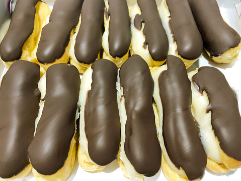Chocolate eclair cakes. Traditional French dessert eclair