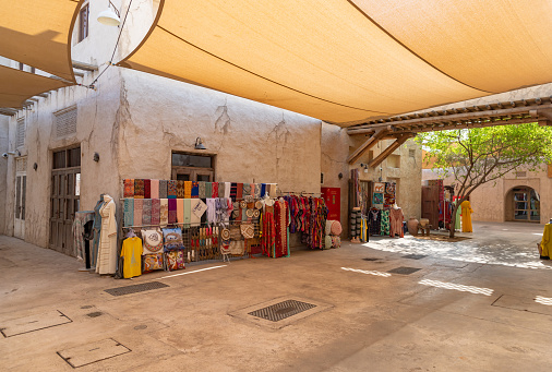 A picture of traditional shops at the Al Seef cultural and shopping complex.