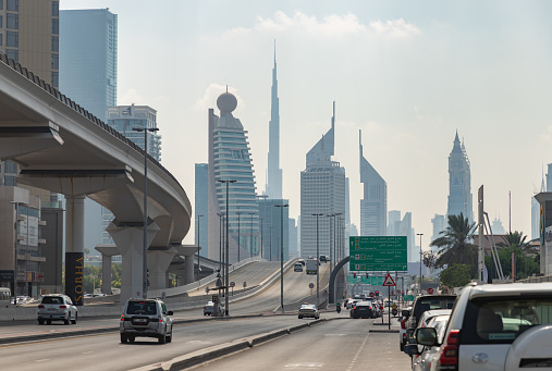 A picture of the Sheikh Khalifa Bin Zayed street overlooking the high rises of the Trade Centre district.