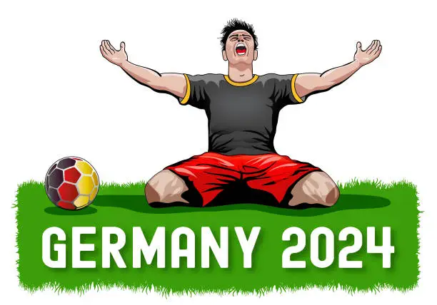 Vector illustration of German soccer player celebrating sitting on the gras