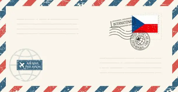 Vector illustration of Blank air mail grunge envelope with Czech Republic postage stamp. Vintage postcard vector illustration with Czech national flag isolated on white background. Retro style.