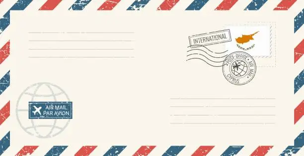 Vector illustration of Blank air mail grunge envelope with Cyprus postage stamp. Vintage postcard vector illustration with Cypriot national flag isolated on white background. Retro style.