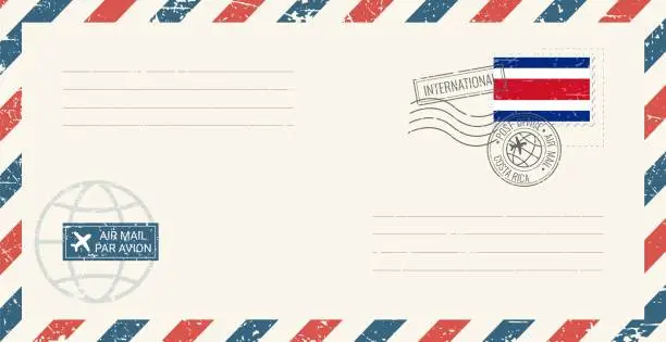 Vector illustration of Blank air mail grunge envelope with Costa Rica postage stamp. Vintage postcard vector illustration with Costa Rican national flag isolated on white background. Retro style.