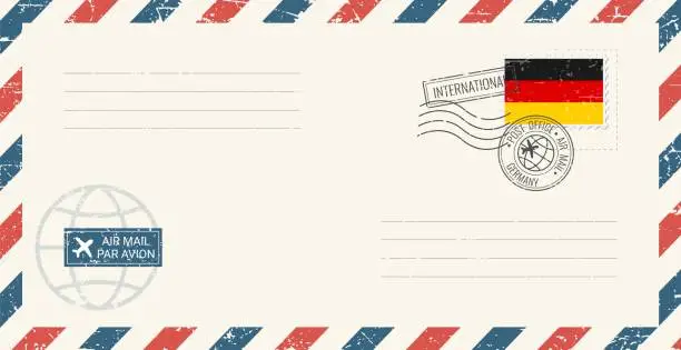 Vector illustration of Blank air mail grunge envelope with Germany postage stamp. Vintage postcard vector illustration with German national flag isolated on white background. Retro style.