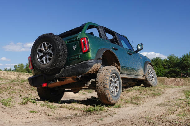 Bratislava, Slovakia - 23 August, 2023: Ford Bronco on the off-road. This vehicle is used to get in extremely hard areas.