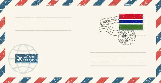 Vector illustration of Blank air mail grunge envelope with Gambia postage stamp. Vintage postcard vector illustration with Gambian national flag isolated on white background. Retro style.