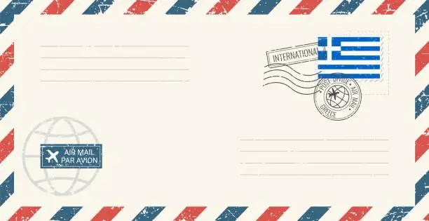 Vector illustration of Blank air mail grunge envelope with Greece postage stamp. Vintage postcard vector illustration with Greek national flag isolated on white background. Retro style.